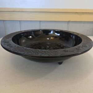 Antique L.E. Smith Black Amethyst Glass Floral 3 Footed Centerpiece Bowl